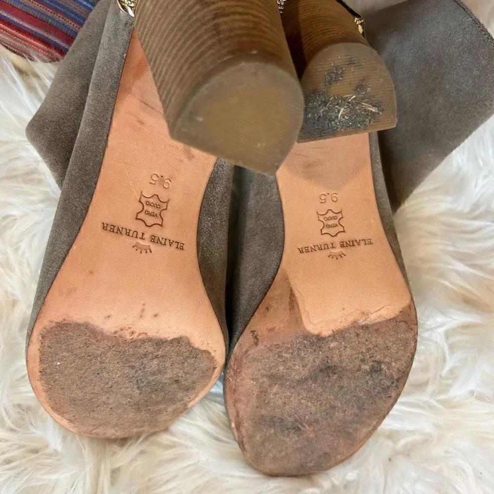 Elaine Turner bootie size 9.5 tan grey open toe gold heel trim